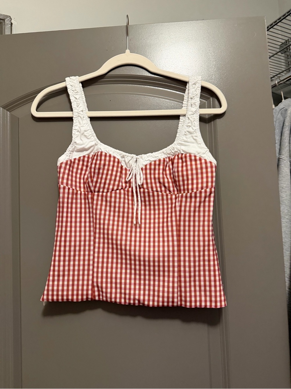 Zara White & Red Gingham Lace-Trim Camisole